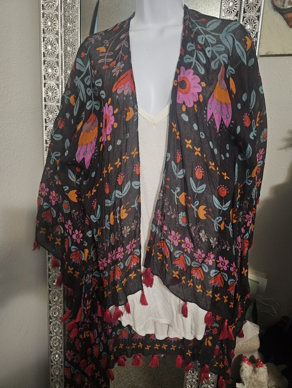 NATURAL LIFE Black Floral Fringe Kimono with Pink & Orange Accents